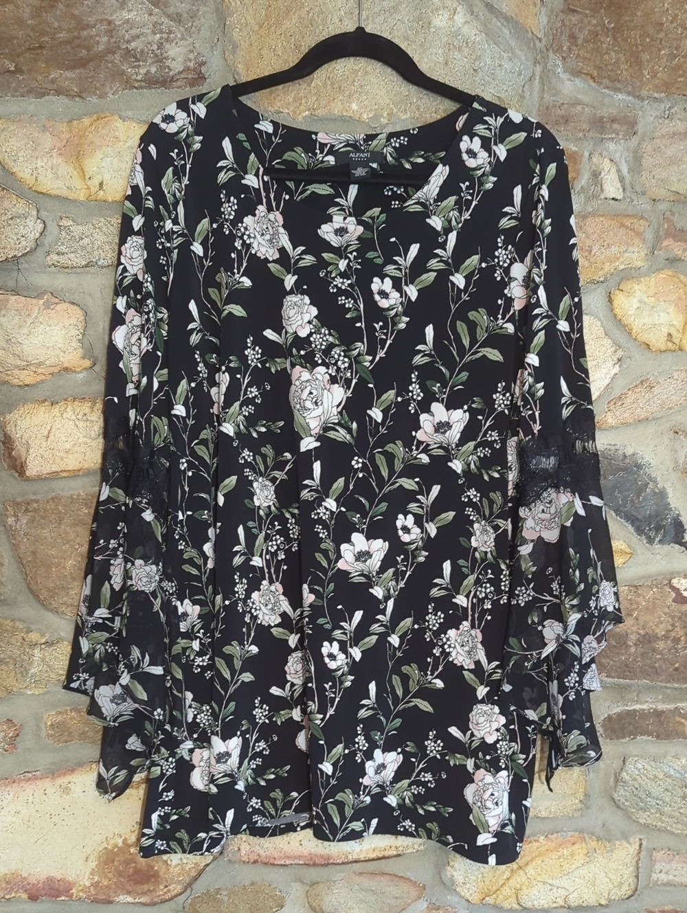 Alfani Black Floral Lace Bell Sleeve Tunic